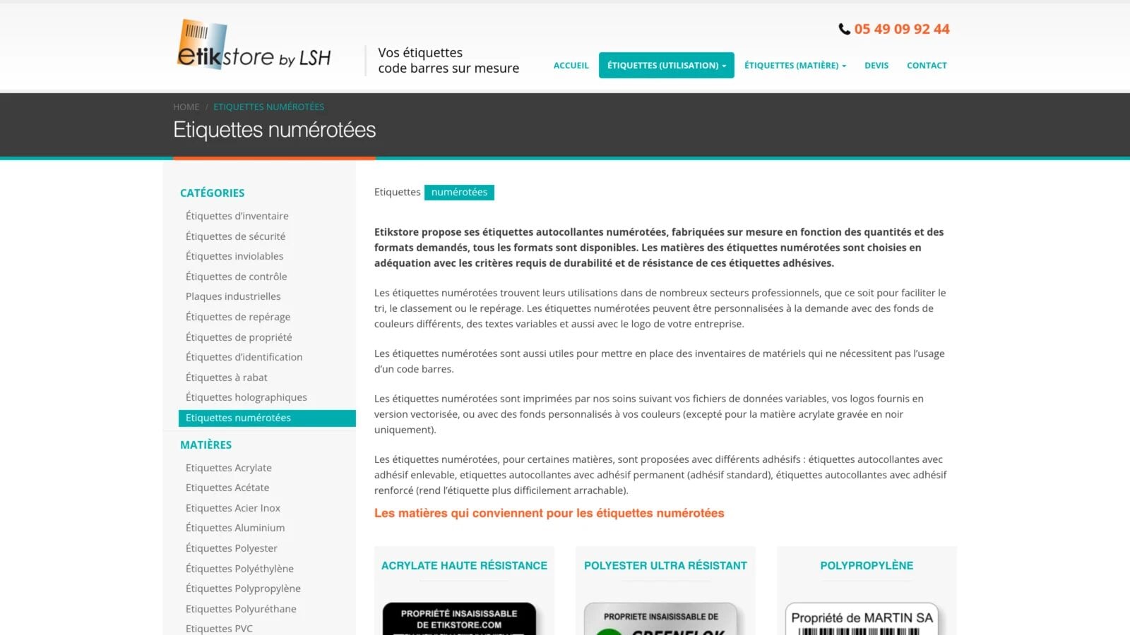 Etikstore - étiquettes numérotées personnalisables Capture du site Etikstore présentant une étiquette numéro pour l'identification du matériel