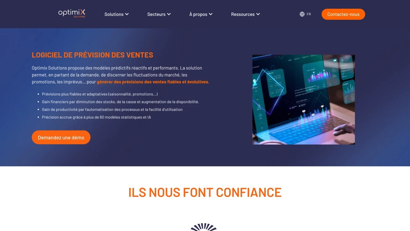Optimix Solutions Capture du site Optimix Solutions, page du logiciel de prévision des ventes